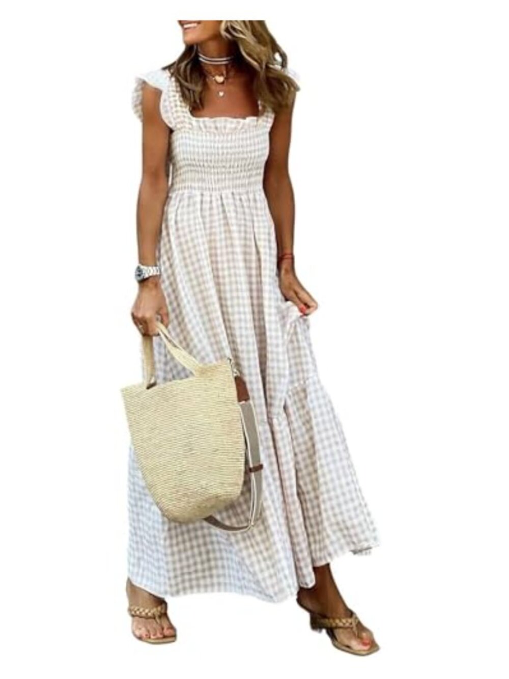 Women's Sleeveless Square Neck Smocked Midi Dress with Pockets
